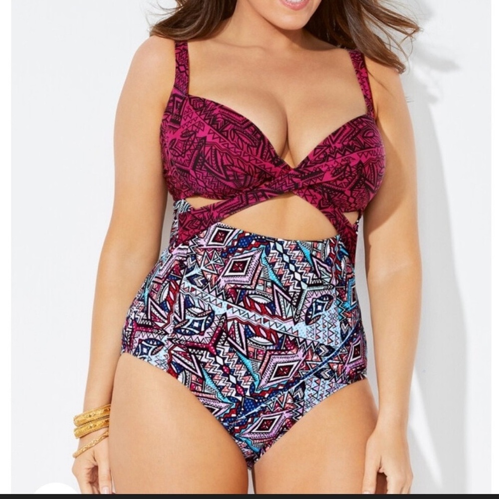 Swimsuits For All Pink and Black Patterned Swimsuit